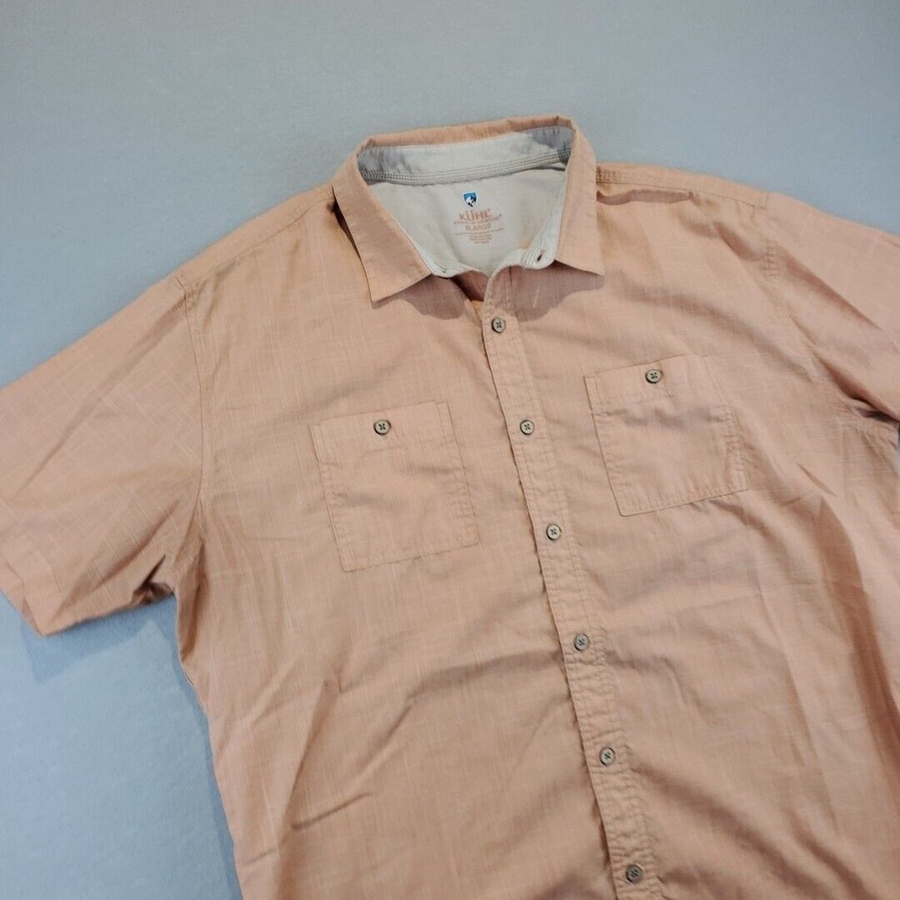 Kuhl Men's Button Front Short Sleeve Peach Linen Pattern XL